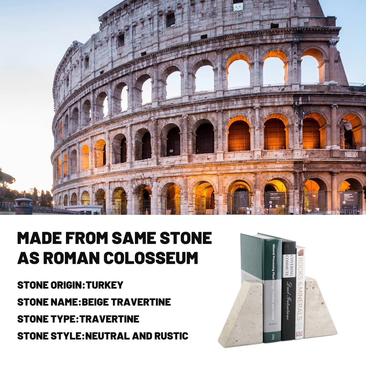Koville Natural Stone Trapezoid Bookends in Five Sizes for Shelves and Desks – Light Beige Travertine, view 7
