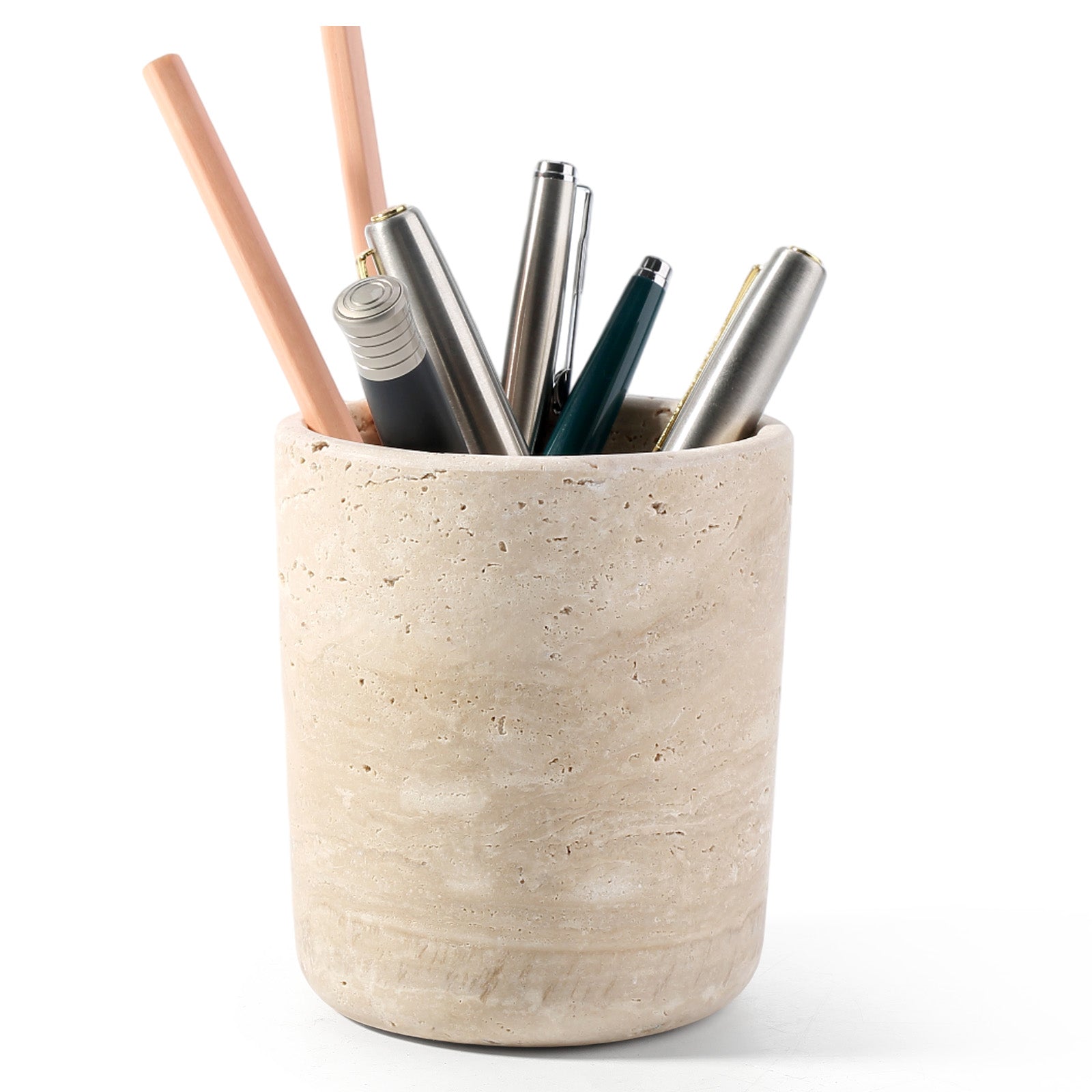 Koville Natural Stone Round Pen Holder in Light BeigeTravertine, product view 7