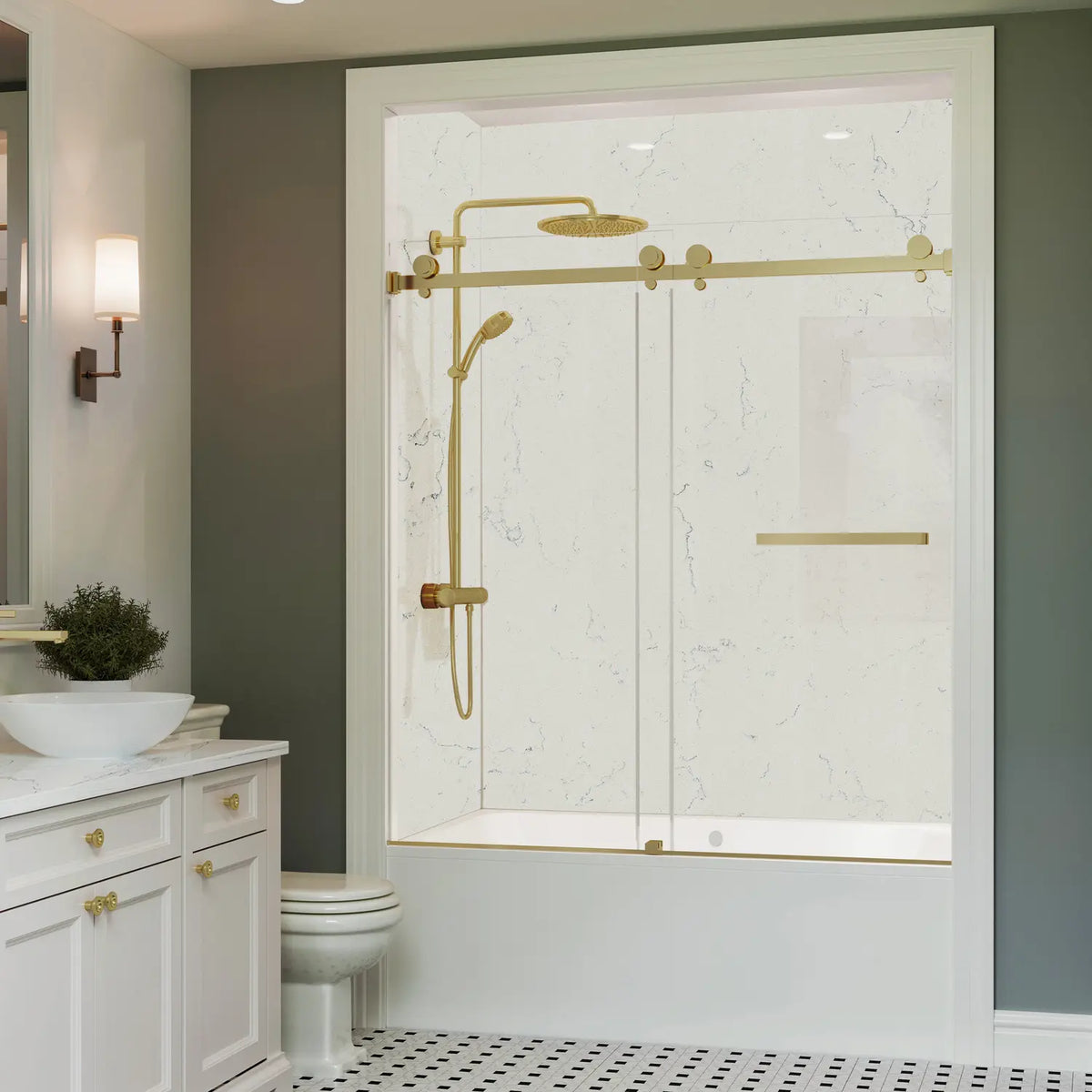 Koville frameless sliding shower door with brushed gold hardware, 56–60 x 66 in.