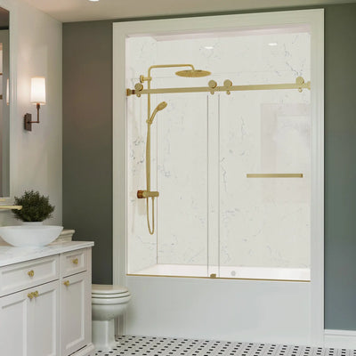 Koville frameless sliding shower door with brushed gold hardware, 56–60 x 66 in.