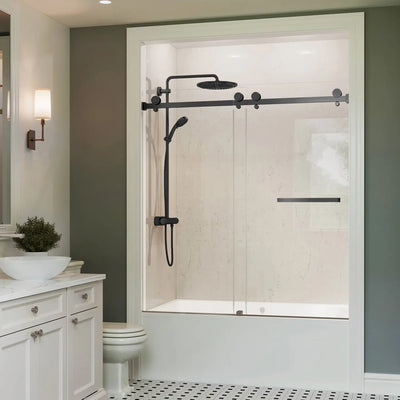 Koville frameless sliding shower door with matte black hardware, 56–60 x 66 in.