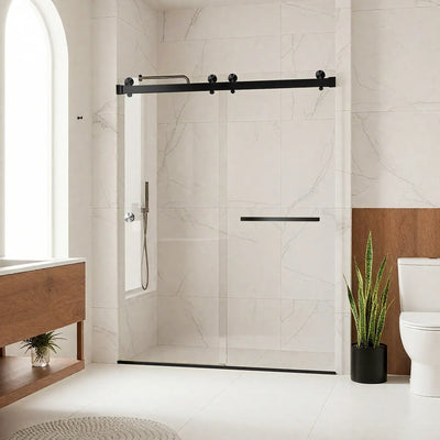Koville frameless sliding shower door with matte black hardware, 56–60 x 76 in.