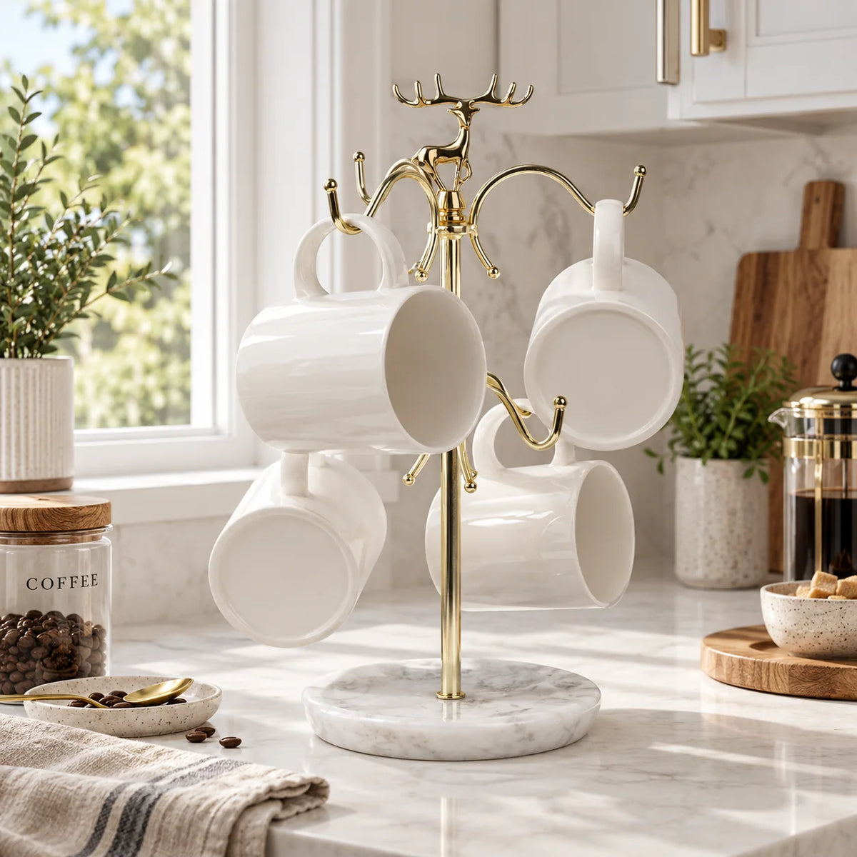 White marble mug tree holding cups on a bright kitchen counter